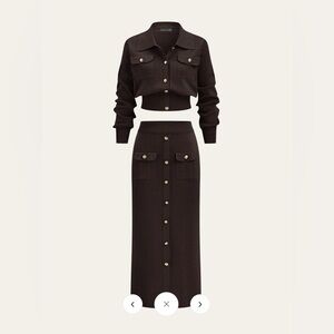 Metal Button Collard Cardigan and Midi Skirt Set Brown XL